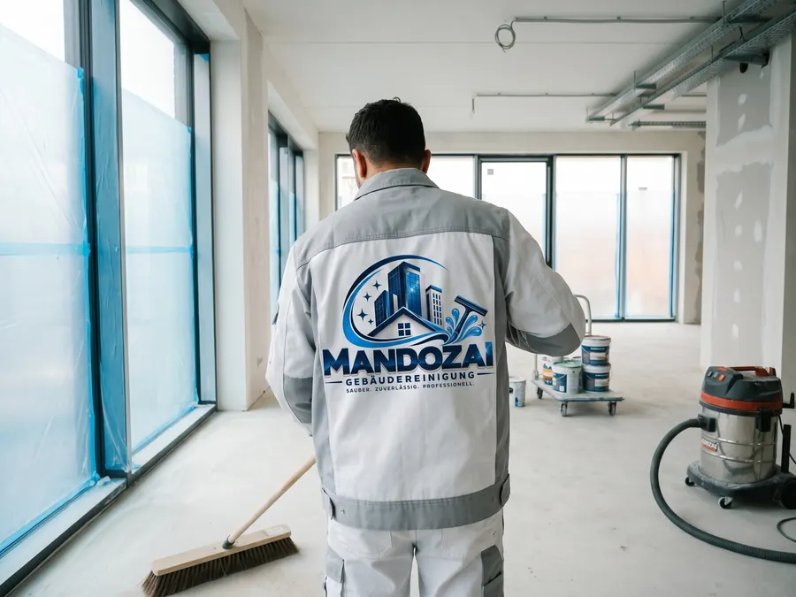 Mitarbeiter in Mandozai-Arbeitsjacke kehrt einen renovierten Raum