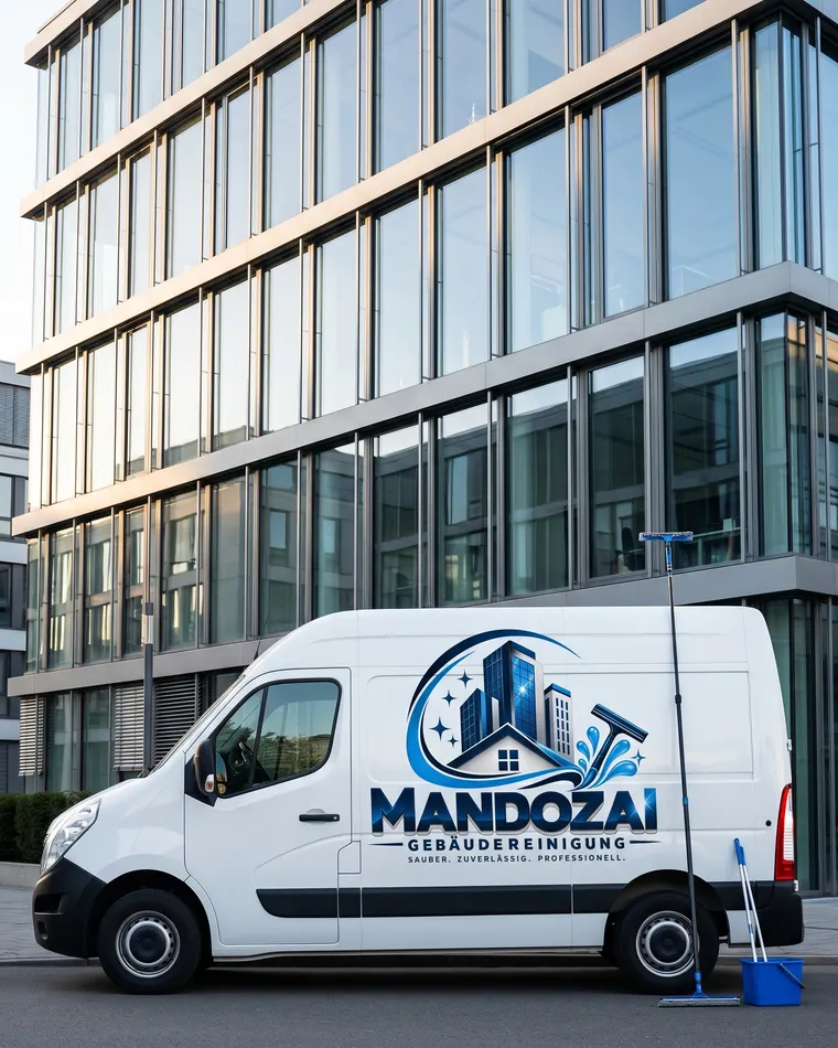 Weißer Mandozai-Transporter mit Firmenlogo vor einer Glasfassade
