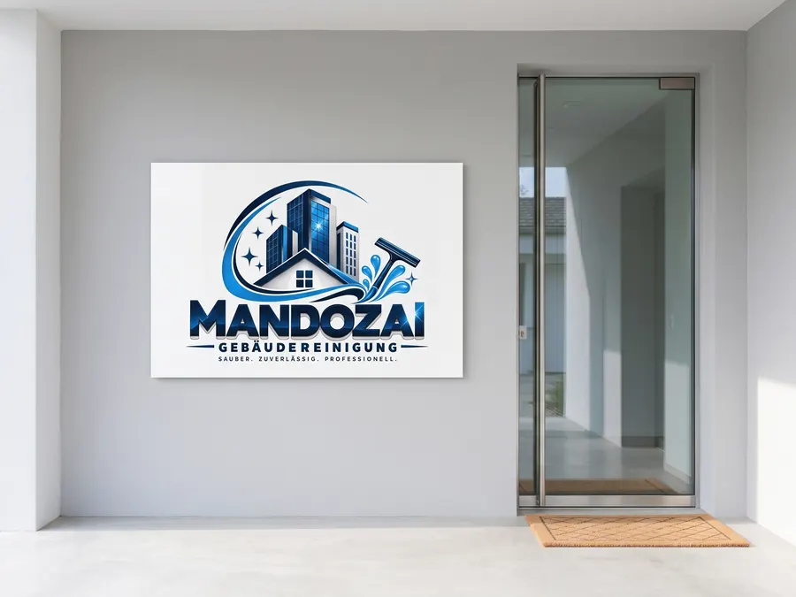 Firmenschild von Mandozai Gebäudereinigung an einer hellen Wand am Eingang